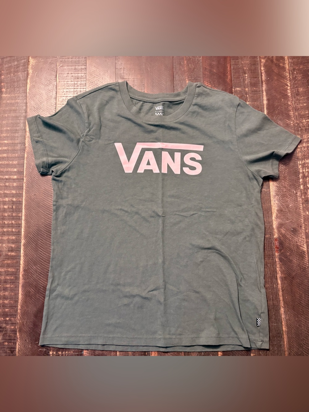 Vans Short Sleeve Olive Green Women’s Tee Pink Vans Logo Fitted Lightweight